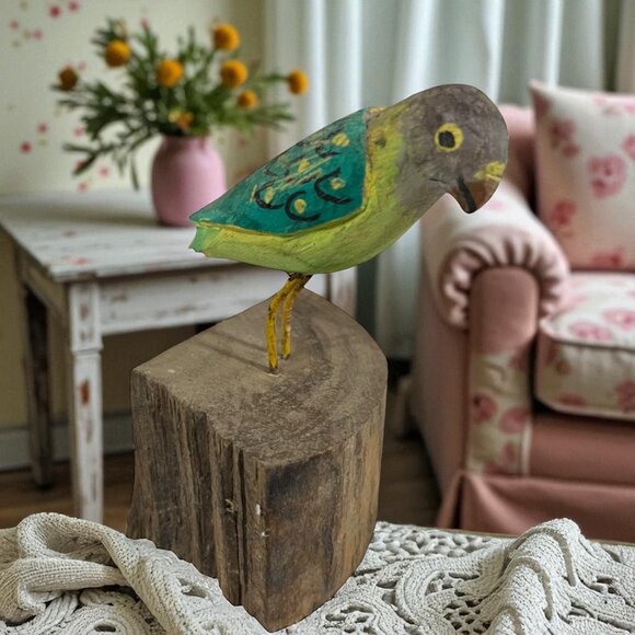 Rustic Carved Folk Art Whimsical Jungle Wooden Parrot Bird Sculpture On Log Base - Picture 2 of 7